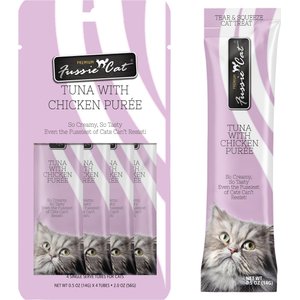 Fussie Cat Tuna with Chicken Puree Lickable Cat Treats, 0.5-oz pouch, pack of 4