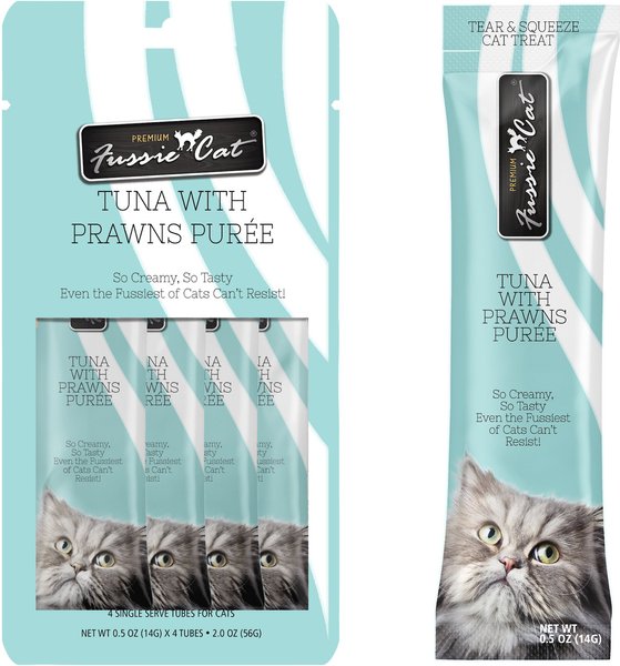 Fussie Cat Tuna with Prawns Puree Lickable Cat Treats, 0.5-oz pouch, pack of 4 slide 1 of 6