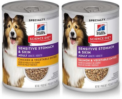 Hill's Science Diet Adult Sensitive Stomach & Skin Chicken & Vegetable Entrée + Grain-Free Salmon & Vegetable Entree Canned Dog Food, slide 1 of 1
