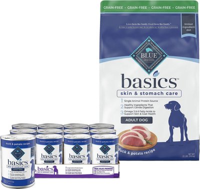Blue Buffalo Basics Skin & Stomach Care Duck & Potato Canned Food + Dry Dog Food, slide 1 of 1