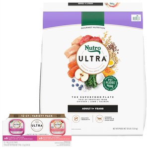 Nutro Ultra Variety Pack Turkey Entree & Chicken Entree Pate Food Trays with Toppers + Dry Dog Food