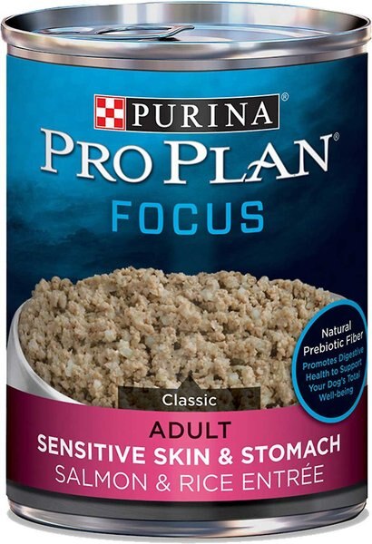 Purina Pro Plan Focus Adult Classic Sensitive Skin & Stomach Salmon & Rice Entree Canned Dog Food, 13-oz, case of 12, bundle of 2 slide 1 of 11