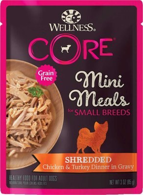 Wellness CORE Grain-Free Small Breed Mini Meals Shredded Chicken & Turkey in Gravy Dog Food Pouches, slide 1 of 1