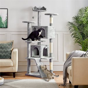Yaheetech Plush Cat Scratching Tree with 2 Cat Condos, 70-in, Light Gray
