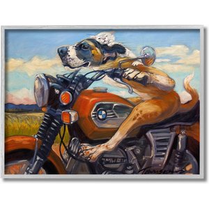 Stupell Industries Dog & Cat on a Red Motorcycle Road Trip Painting Dog & Cat Wall Décor, Gray Framed, 16 x 1.5 x 20-in