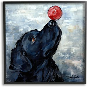 Stupell Industries Black Dog Balancing Red Ball Nose Animal Portrait Wall Décor, Black Framed, 17 x 1.5 x 17-in