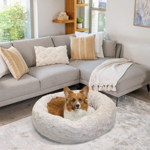 Best Friends by Sheri Calming Lux Fur Donut Cuddler Bolster Cat & Dog Bed, Oyster, Medium
