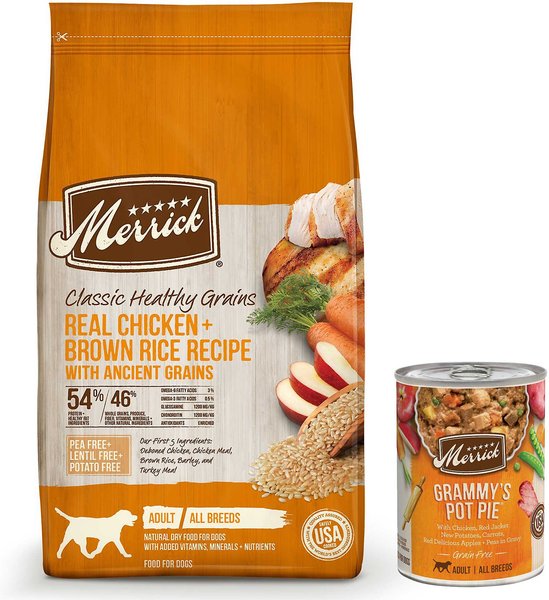 Merrick Classic Healthy Grains Real Chicken + Brown Rice Recipe with Ancient Grains Dry Food + Wet Dog Food Grammy's Pot Pie slide 1 of 9