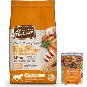 Merrick Classic Healthy Grains Real Chicken + Brown Rice Recipe with Ancient Grains Dry Food + Wet Dog Food Grammy's Pot Pie