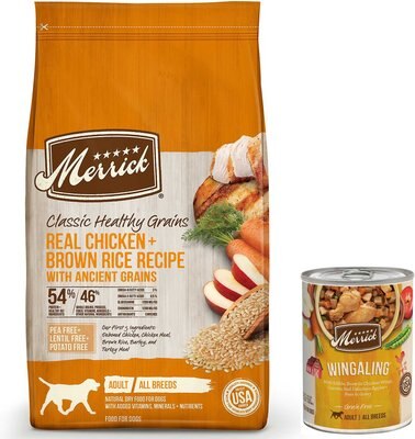 Merrick Classic Healthy Grains Real Chicken + Brown Rice Recipe with Ancient Grains Dry Food + Wet Dog Food Wingaling, slide 1 of 1