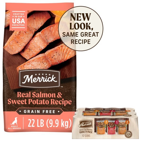 Merrick Real Salmon & Sweet Potato Recipe Dry Food + Favorites Wet Dog Food Variety Pack slide 1 of 9