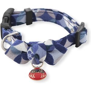 Necoichi Daruma Charm Cotton Breakaway Bow Tie Dog Collar, Blue, Small