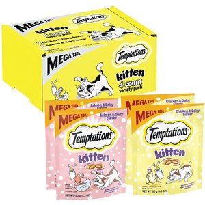 TEMPTATIONS Chicken, Salmon Dairy Flavor Crunchy & Soft Kitten Treat Multipack, 6.3-oz, 4 pack