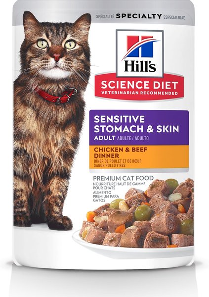 Hill's Science Diet Adult Sensitive Stomach & Skin Chicken & Beef Canned Cat Food, 2.8-oz pouch, case of 24 slide 1 of 9