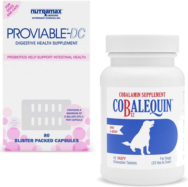 Nutramax Proviable-DC Capsules Digestive Supplement + Nutramax Cobalequin Chicken Flavored Chewable Tablets Supplement for Dogs slide 1 of 9