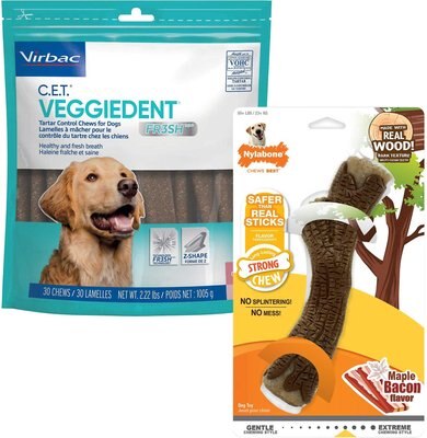 Virbac C.E.T. VeggieDent Fr3sh Tartar Control Chews, Large + Nylabone Strong Chew Stick Maple Bacon Flavored Chew Toy for Dogs, slide 1 of 1