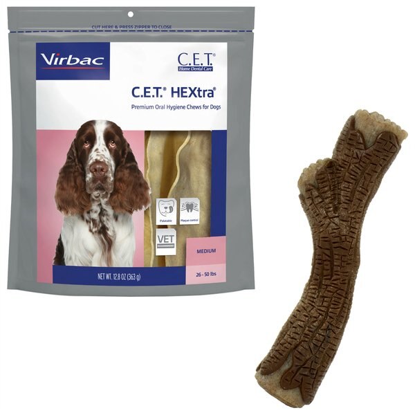 Virbac C.E.T. HEXtra Premium Dental Chews + Nylabone Strong Chew Stick Maple Bacon Flavored Chew Toy for Dogs slide 1 of 9