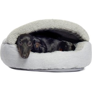 Precious Tails Herringbone Canvas Fleece Deep Dish Covered Cat & Dog Bed, Gray, Small