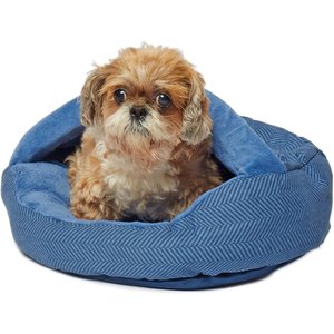 Precious Tails Herringbone Canvas Fleece Deep Dish Covered Cat & Dog Bed, Navy, Large