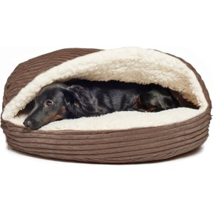 Precious Tails Plush Corduroy & Sherpa Lined Covered Cat & Dog Bed, Coffee, Medium