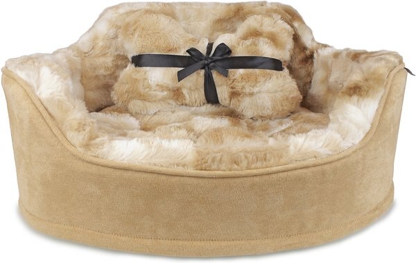 Precious Tails Princess Faux Fur Bolster Cat & Dog Bed w/ Removable Cover, Camel slide 1 of 8