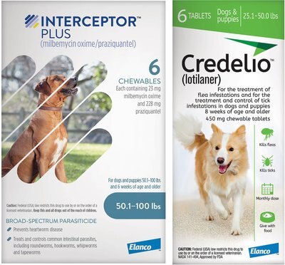 Interceptor Plus for Dogs, 6 Chews (6-mos. supply) & Credelio for Dogs, 6 Chewable Tablets (6-mos. supply), slide 1 of 1