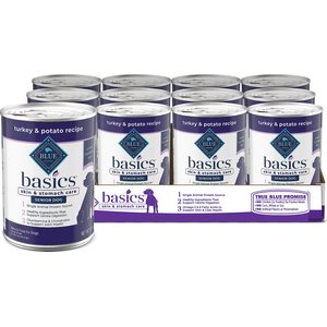 Blue Buffalo Basics Skin & Stomach Care Grain-Free Turkey & Potato Senior Canned Dog Food, 12.5-oz, case of 12, bundle of 2
