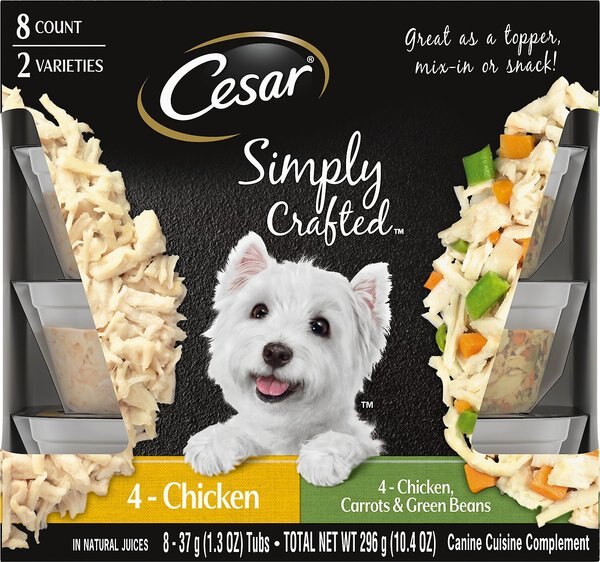 Cesar Simply Crafted Variety Pack Chicken & Chicken, Carrots & Green Beans Limited-Ingredient Wet Dog Food Topper, 1.3-oz, pack of 8, bundle of 2 slide 1 of 9