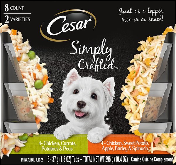 Cesar Simply Crafted Variety Pack Chicken, Carrots, Potatoes & Peas & Chicken, Sweet Potato, Apple, Barley & Spinach Limited-Ingredient Wet Dog Food Topper, 1.3-oz, pack of 8, bundle of 2 slide 1 of 9