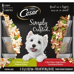 Cesar Simply Crafted Variety Pack Chicken, Carrots, Potatoes & Peas, & Beef, Chicken, Purple Potatoes, Green Beans & Red Rice Wet Dog Food Topper, 1.3-oz, pack of 8, bundle of 2