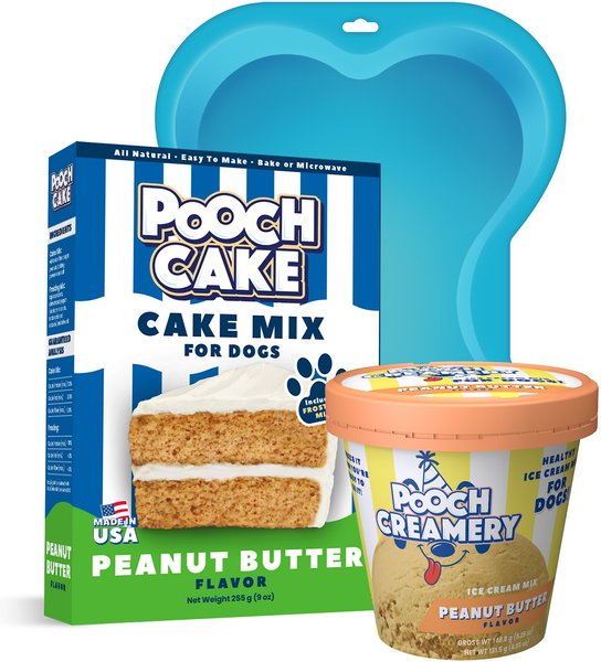 Pooch Cake Basic Starter Plus Peanut Butter Cake Mix with Cake Mold kit & Pooch Creamery Peanut Butter Ice Cream Dog Treat, 9-oz box & 5.25-oz carton slide 1 of 4