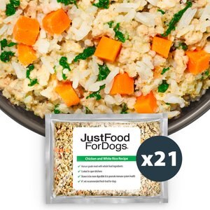 JustFoodForDogs Chicken & White Rice Recipe Fresh Frozen Dog Food, 18-oz pouch, case of 21