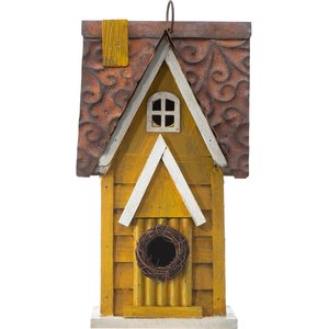 Glitzhome Distressed Solid Wood Cottage Birdhouse, Yellow