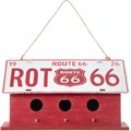 Glitzhome Washed Wood & Metal Birdhouse with Unique Licence Plate Roof, Red