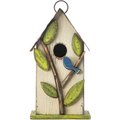 Glitzhome Washed Distressed Solid Wood Birdhouse with 3D Tree & Bird, Multi