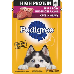 Pedigree High Protein Beef & Pork Tenderloin Flavor Cuts in Gravy Dog Wet Food Pouches, 3.5-oz pouches, 16 count