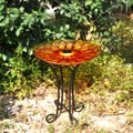 Hi-Line Gift Solar Orange Floral Glass Bird Bath with Stand, Multicolor