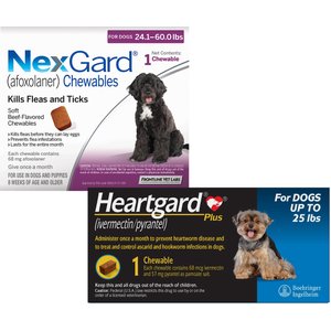 Heartgard Plus Chew for Dogs, up to 25 lbs, (Blue Box), 1 Chew (1-mo. supply) & NexGard Chew for Dogs, 24.1-60 lbs, (Purple Box), 1 Chew (1-mo. supply)