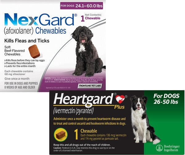 Heartgard Plus Chew for Dogs, 26-50 lbs, (Green Box), 1 Chew (1-mo. supply) & NexGard Chew for Dogs, 24.1-60 lbs, (Purple Box), 1 Chew (1-mo. supply) slide 1 of 9