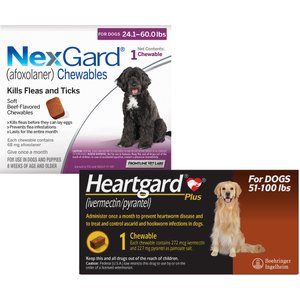 Heartgard Plus Chew for Dogs, 51-100 lbs, (Brown Box), 1 Chew (1-mo. supply) & NexGard Chew for Dogs, 24.1-60 lbs, (Purple Box), 1 Chew (1-mo. supply)