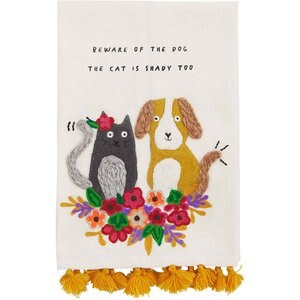 Mud Pie Funny Beware Embroidered Dog Tea Towel, Cream