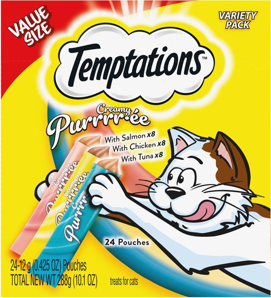 Temptations Creamy Puree Salmon, Chicken & Tuna Variety Pack Lickable Cat Treats, 0.42-oz pouch, 24 count slide 1 of 9