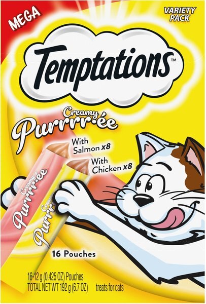 Temptations Creamy Puree Salmon & Chicken Variety Pack Lickable Cat Treats, .425-oz, 16 count slide 1 of 9