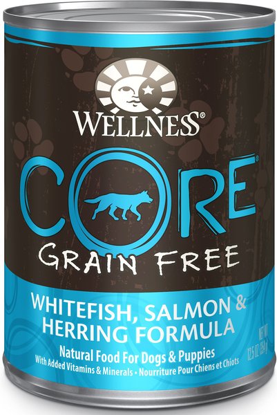 Wellness CORE Grain-Free Whitefish, Salmon & Herring Formula Canned Dog Food, 12.5-oz, case of 12 slide 1 of 8