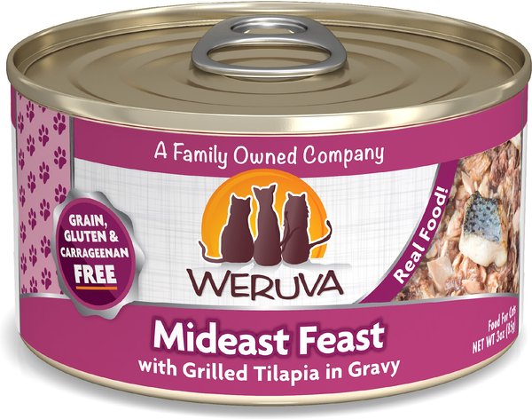 Weruva Mideast Feast with Grilled Tilapia in Gravy Grain-Free Canned Cat Food, 3-oz, case of 24 slide 1 of 9