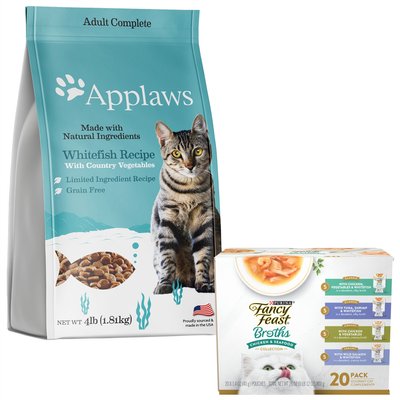 Applaws Dry Cat Whitefish + Fancy Feast Classic Collection Broths Variety Pack Complement Food, slide 1 of 1