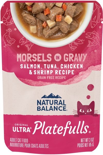 Natural Balance Platefulls Indoor Formula Salmon, Tuna, Chicken & Shrimp in Gravy Grain-Free Cat Food Pouches, 3-oz pouch, case of 24 slide 1 of 4