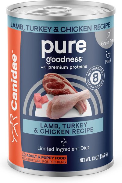 CANIDAE PURE All Stages Grain-Free Limited Ingredient Lamb, Turkey & Chicken Recipe Canned Dog Food, 13-oz, case of 12 slide 1 of 7