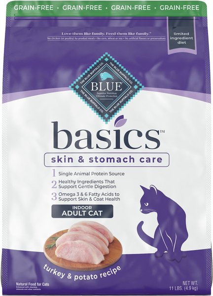 Blue Buffalo Basics Skin & Stomach Care Grain-Free Turkey & Potato Recipe Indoor Adult Dry Cat Food, 11-lb bag slide 1 of 10