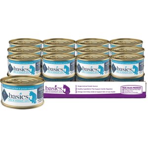 Blue Buffalo Basics Skin & Stomach Care Grain-Free Fish & Potato Entree Indoor Adult Canned Cat Food, 3-oz, case of 24